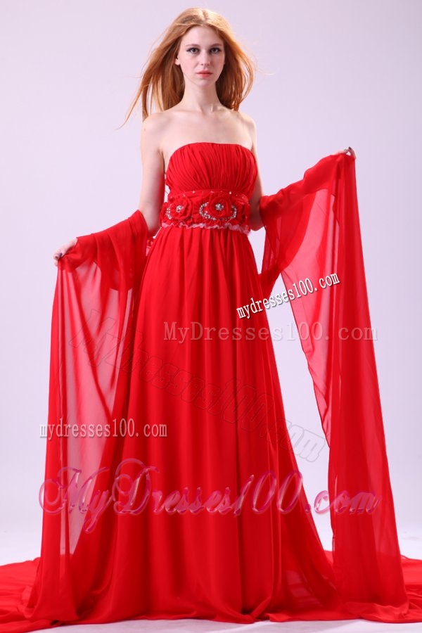 Informal Empire Strapless Chiffon Hand Made Flowers Brush Train Red Evening Dress