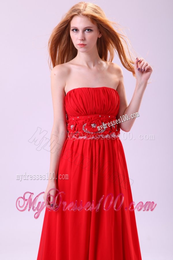 Informal Empire Strapless Chiffon Hand Made Flowers Brush Train Red Evening Dress
