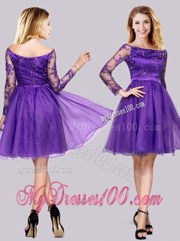 Latest Long Sleeves Laced Purple Evening Dress with Off the Shoulder