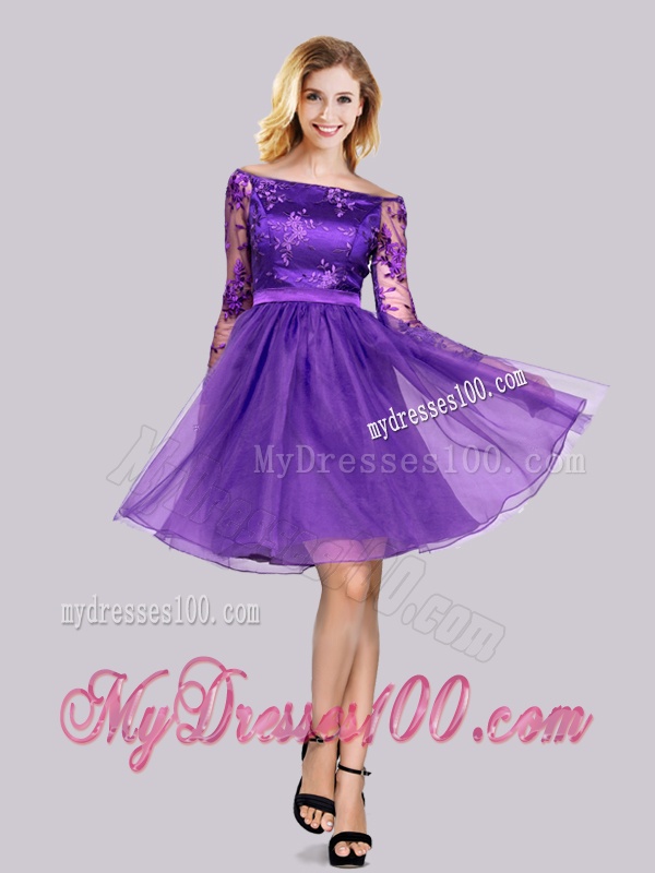 Latest Long Sleeves Laced Purple Evening Dress with Off the Shoulder