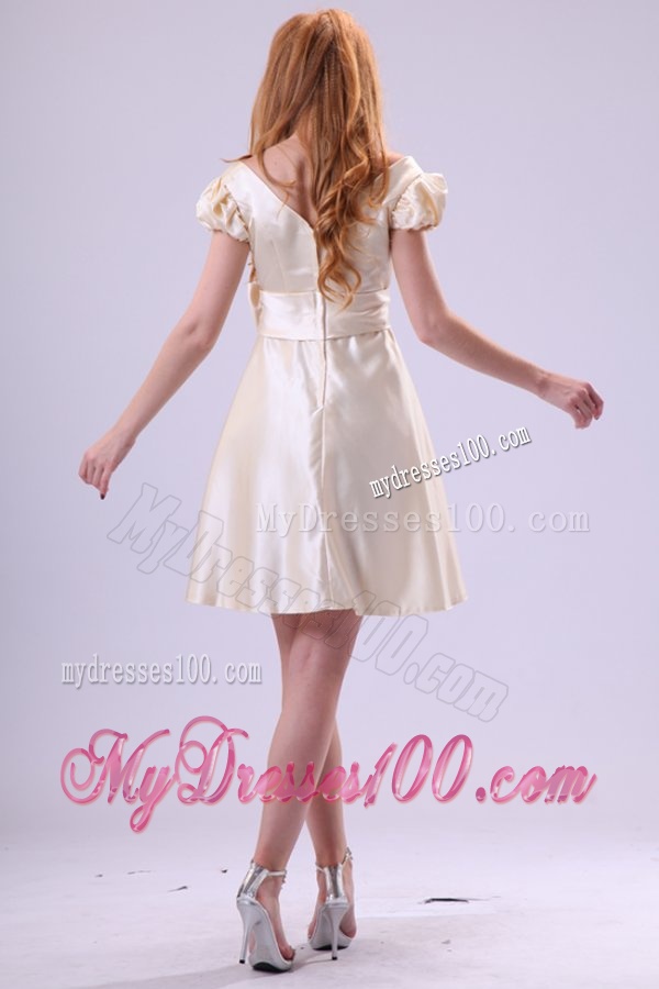 Light Yellow V-neck Cap Sleeves Bow Ruching Evening Dress