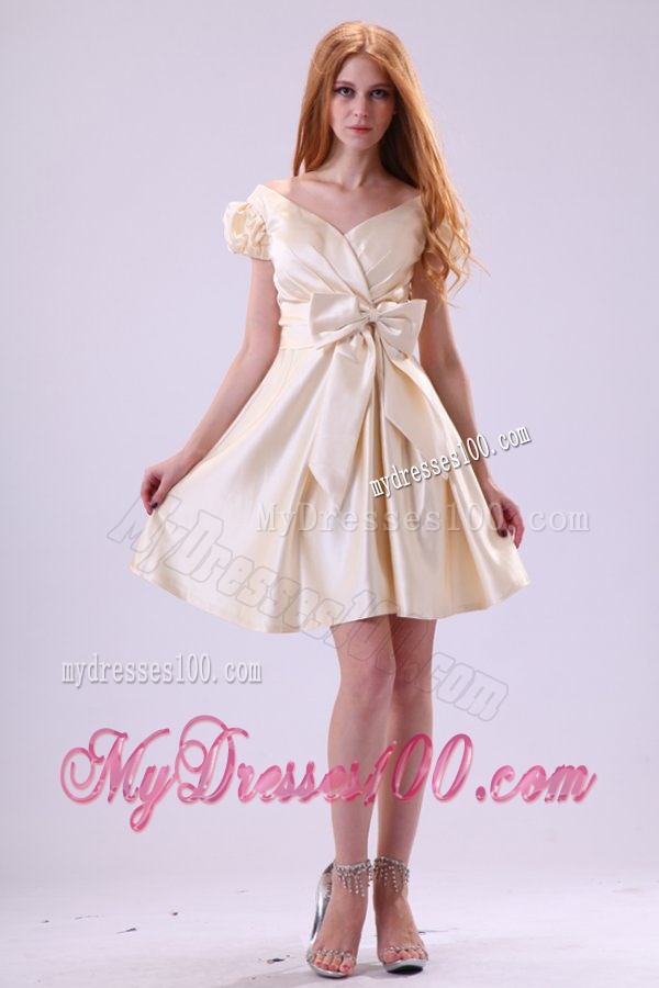 Light Yellow V-neck Cap Sleeves Bow Ruching Evening Dress