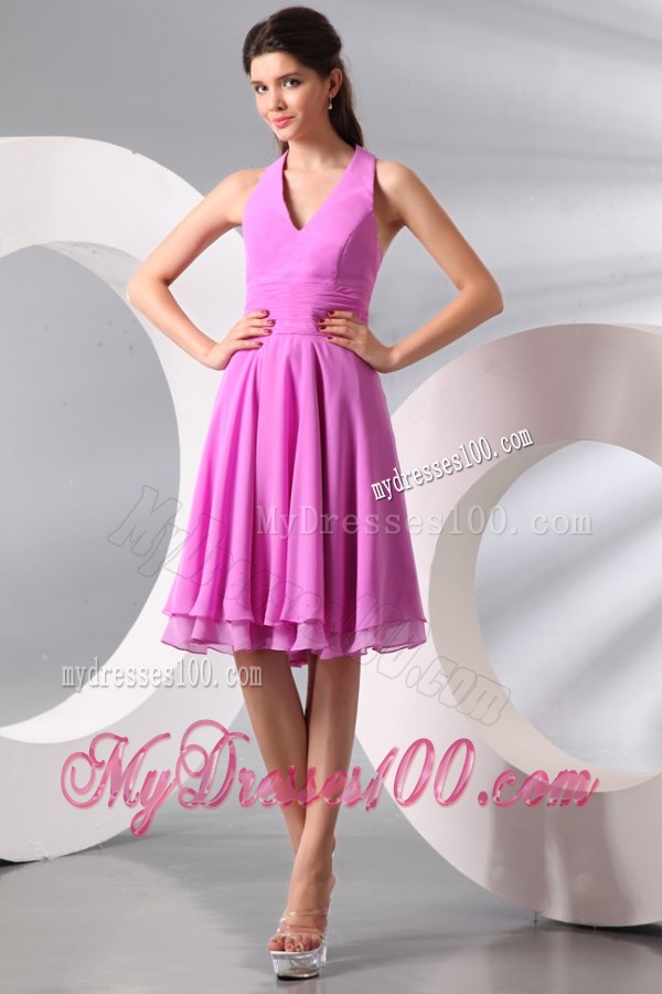 Lilac Halter Top Ruching Knee-length Chiffon Evening Dress