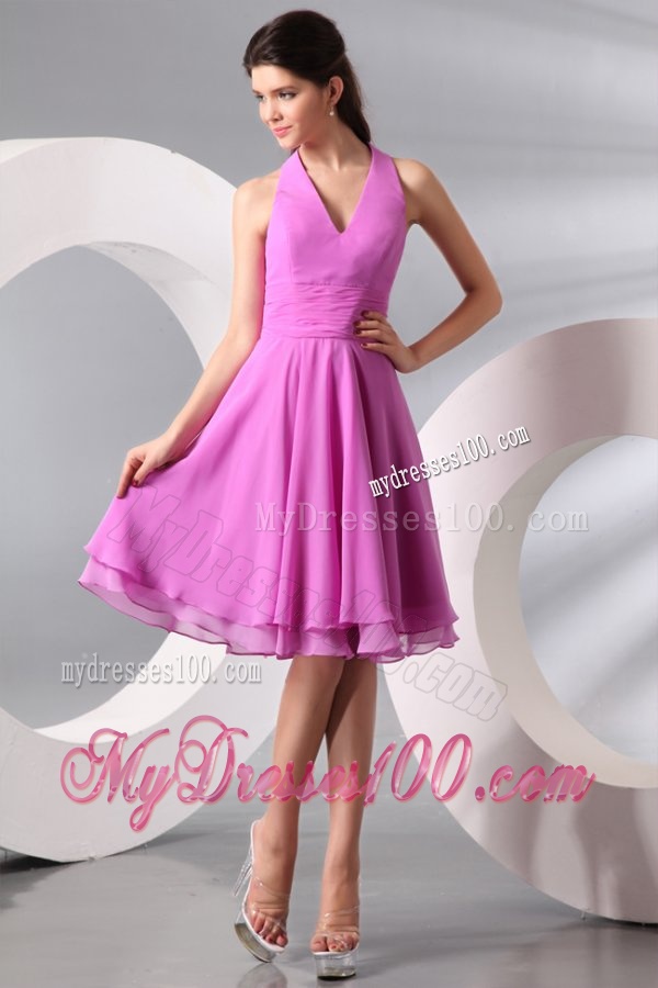Lilac Halter Top Ruching Knee-length Chiffon Evening Dress