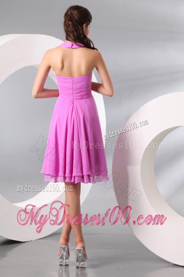 Lilac Halter Top Ruching Knee-length Chiffon Evening Dress