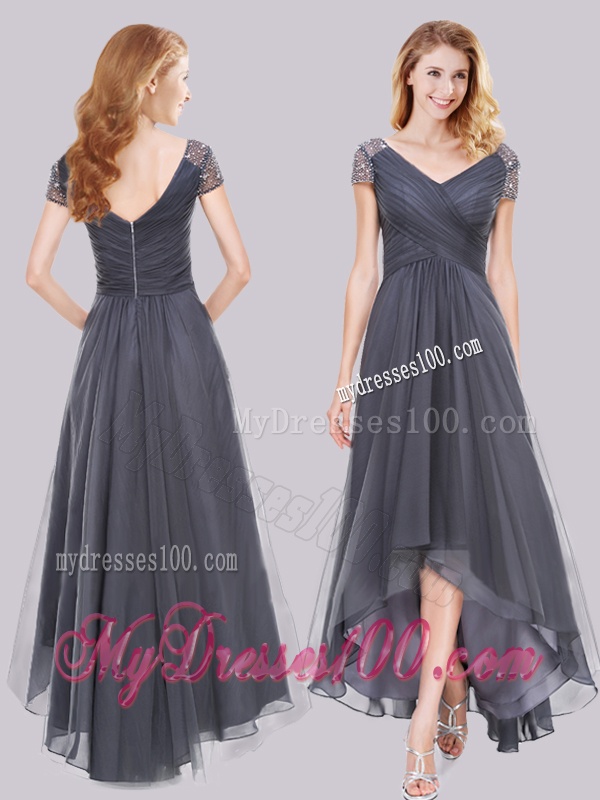 Lovely Beaded Decorated Short Sleeves High Low Grey Evening Dress