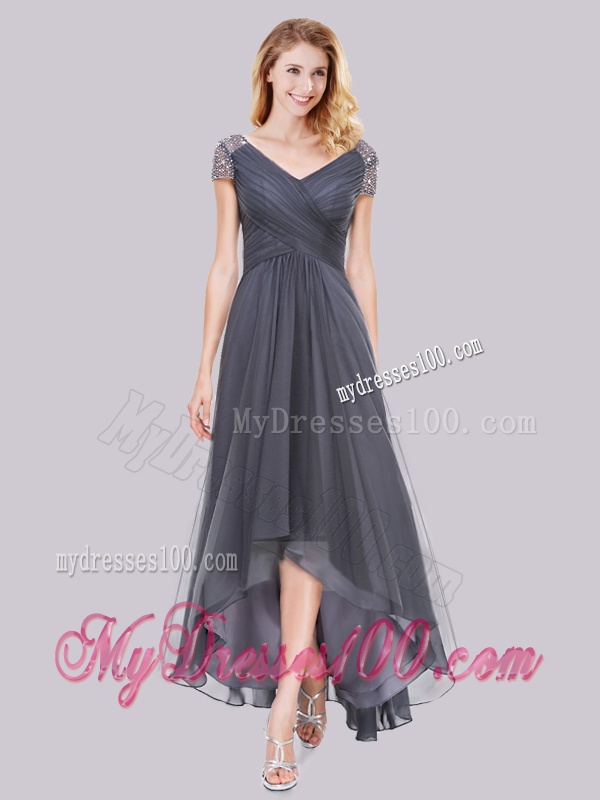 Lovely Beaded Decorated Short Sleeves High Low Grey Evening Dress