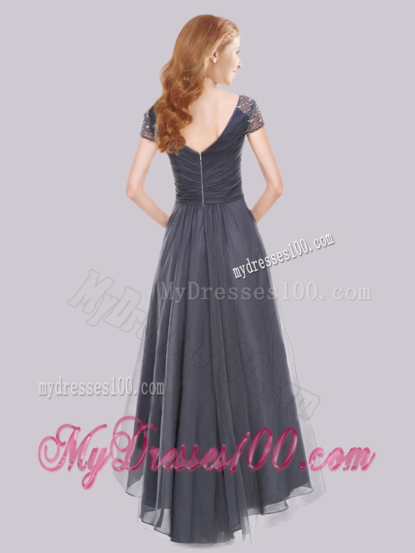 Lovely Beaded Decorated Short Sleeves High Low Grey Evening Dress