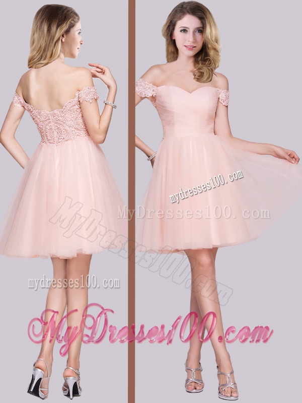 Lovely Laced Off the Shoulder Baby Pink Evening Dress in Tulle