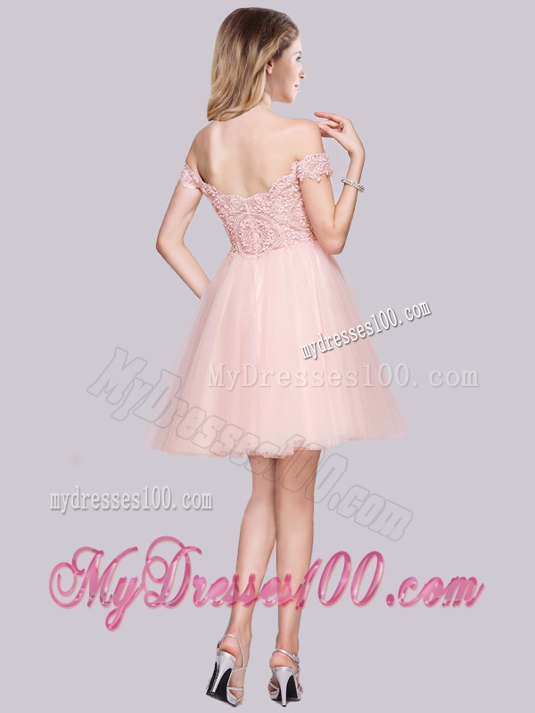 Lovely Laced Off the Shoulder Baby Pink Evening Dress in Tulle
