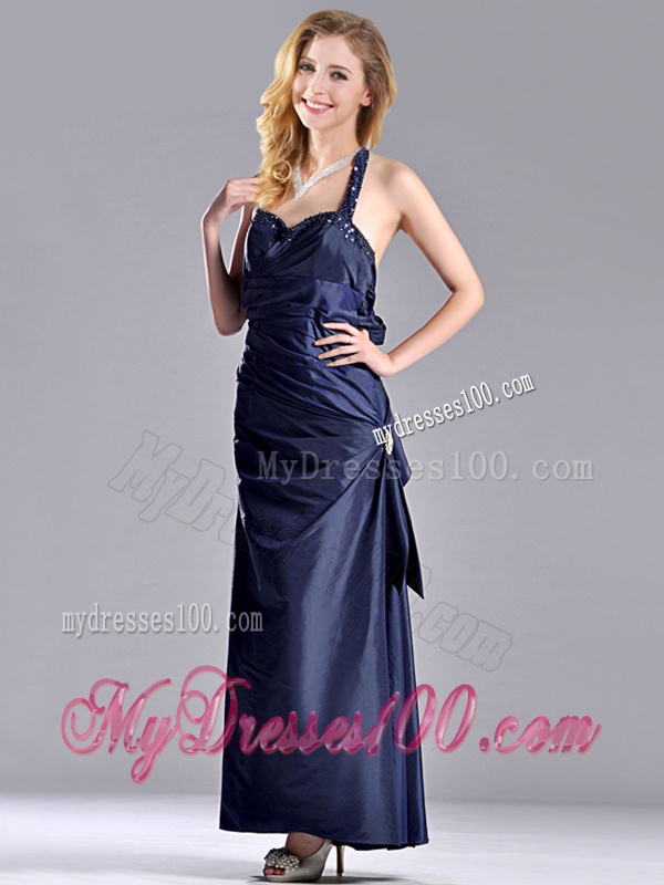 Luxurious Beaded Decorated Halter Top Evening Dress in Navy Blue