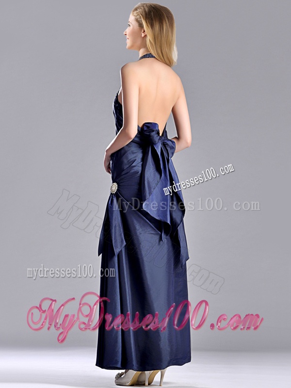 Luxurious Beaded Decorated Halter Top Evening Dress in Navy Blue
