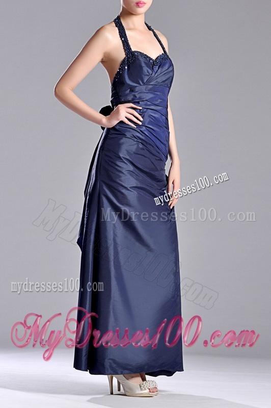 Luxurious Beaded Decorated Halter Top Evening Dress in Navy Blue