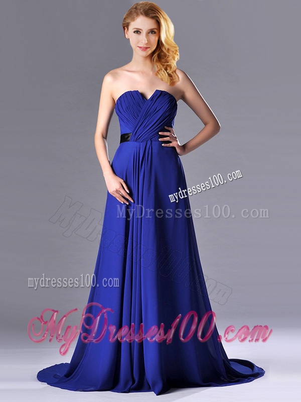 Luxurious Empire Chiffon Royal Blue Evening Dress with Brush Train