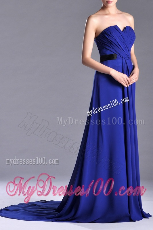 Luxurious Empire Chiffon Royal Blue Evening Dress with Brush Train