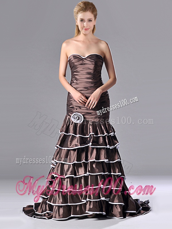 Luxurious Mermaid Ruffled Layers Evening Dress with Brush Train