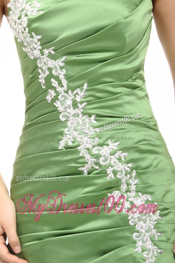 Mermaid One Shoulder Olive Green Evening Dress with White Appliques