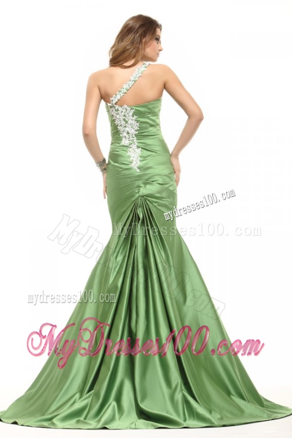 Mermaid One Shoulder Olive Green Evening Dress with White Appliques