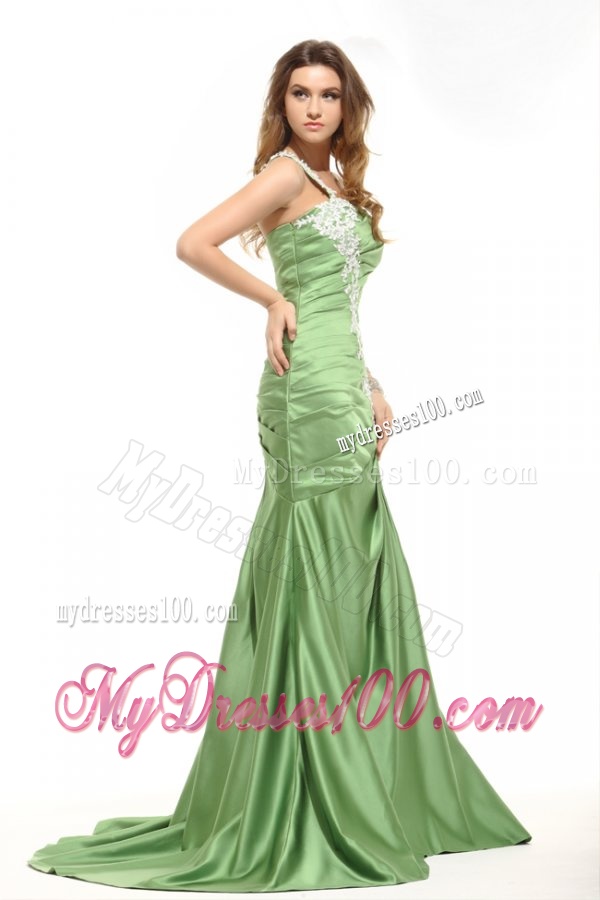 Mermaid One Shoulder Olive Green Evening Dress with White Appliques