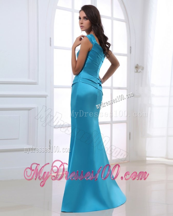 Mermaid One Shoulder Ruching Beading Blue Floor-length Evening Dress