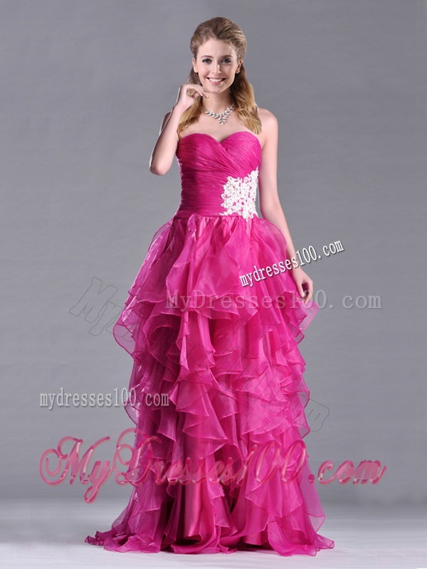 Modern Brush Train Fuchsia Evening Dress with Appliques and Ruffles