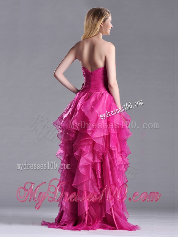 Modern Brush Train Fuchsia Evening Dress with Appliques and Ruffles