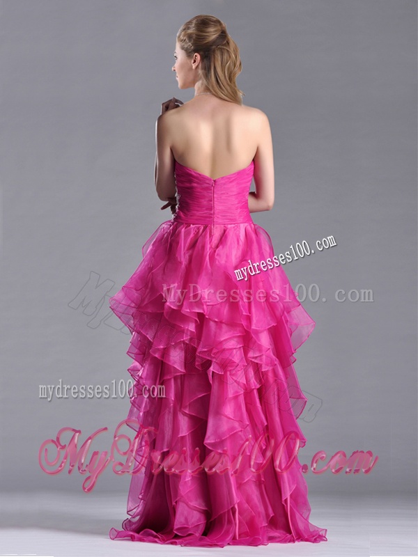 Modern Brush Train Fuchsia Evening Dress with Appliques and Ruffles