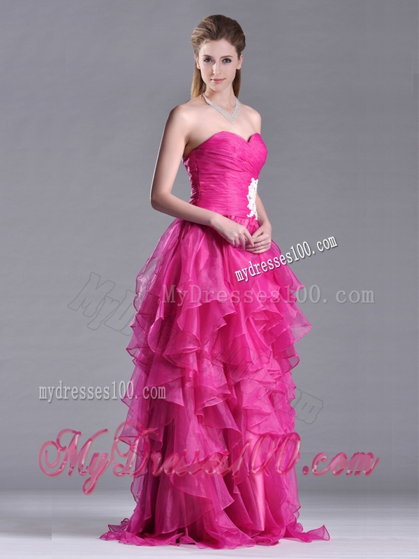 Modern Brush Train Fuchsia Evening Dress with Appliques and Ruffles