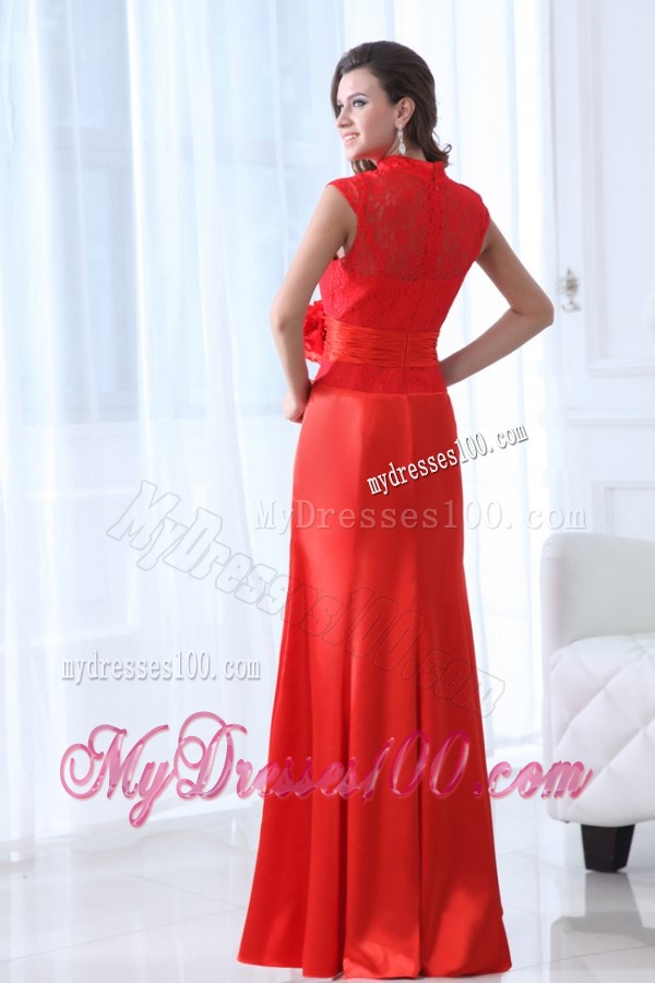 Modern Column Red Floor-length Laced Evening Dress with High Neck
