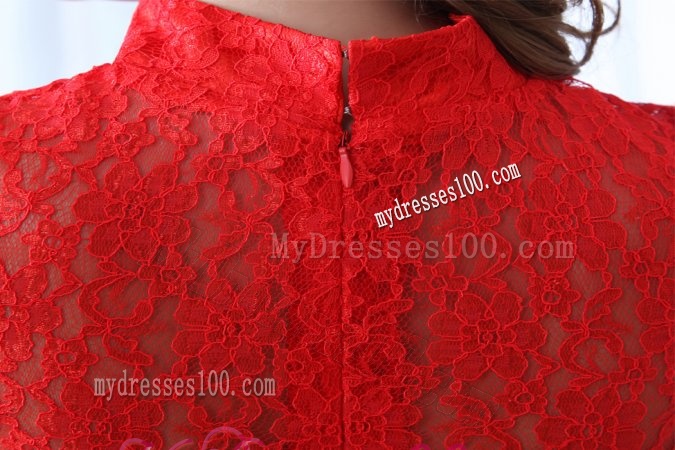 Modern Column Red Floor-length Laced Evening Dress with High Neck