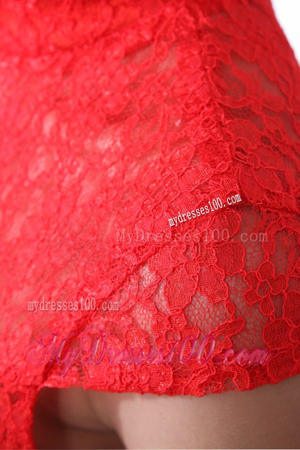 Modern Column Red Floor-length Laced Evening Dress with High Neck