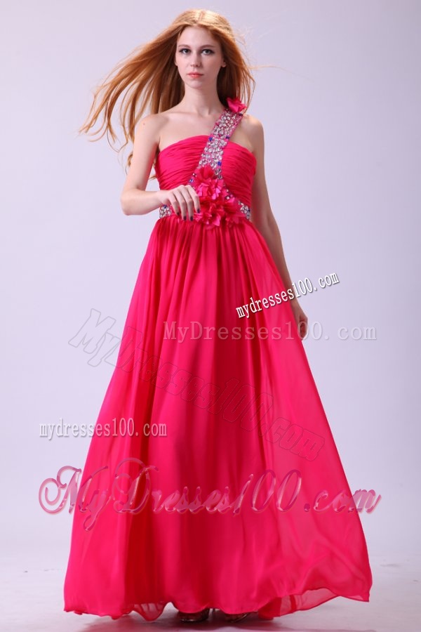 Modest Hot Pink Empire One Shoulder Floor-length Chiffon Evening Dress