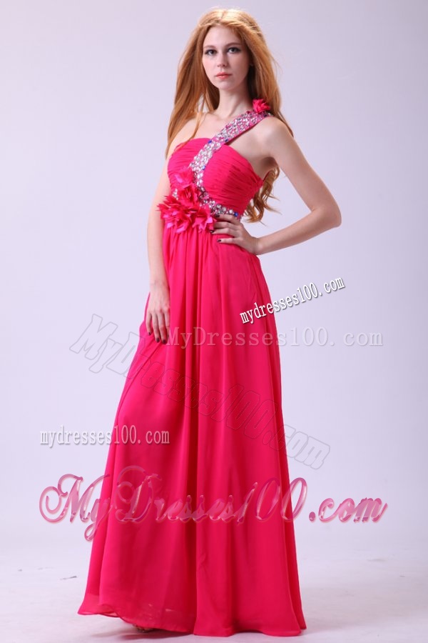 Modest Hot Pink Empire One Shoulder Floor-length Chiffon Evening Dress