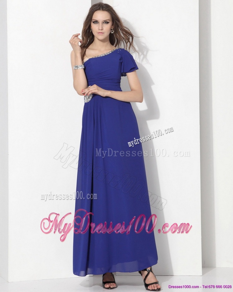 Modest One Shoulder Blue Evening Dress with Ruching and Beading