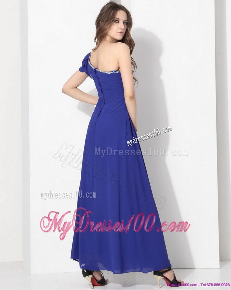Modest One Shoulder Blue Evening Dress with Ruching and Beading