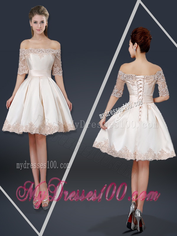 New Arrivals Off the Shoulder Appliques Champagne Short Evening Dresses