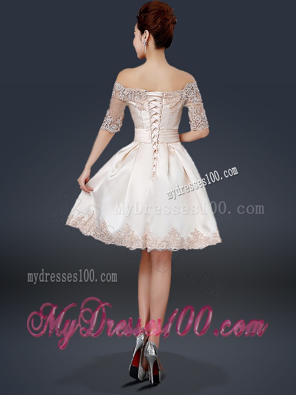 New Arrivals Off the Shoulder Appliques Champagne Short Evening Dresses