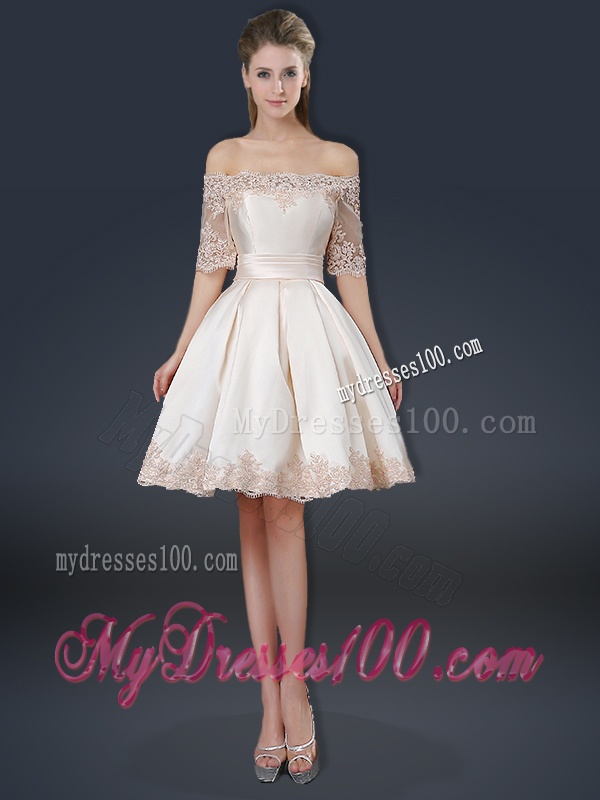 New Arrivals Off the Shoulder Appliques Champagne Short Evening Dresses