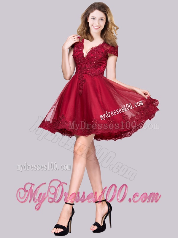 New Deep V Neckline See Through Back Applique Evening Dress in Wine Red