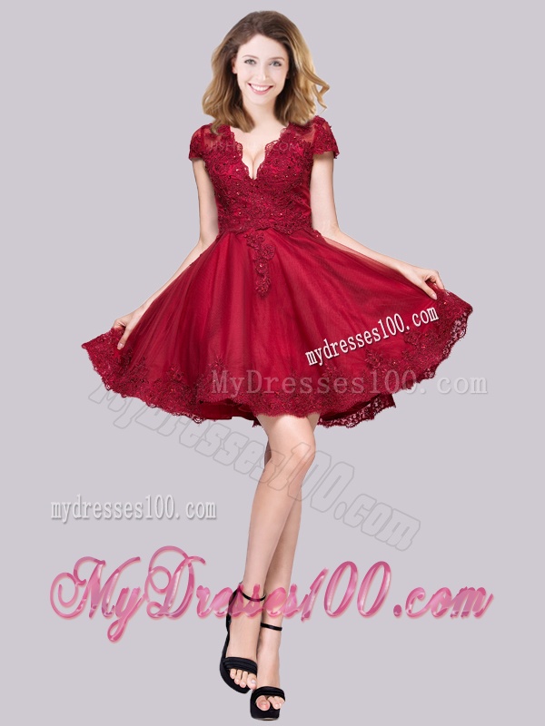 New Deep V Neckline See Through Back Applique Evening Dress in Wine Red