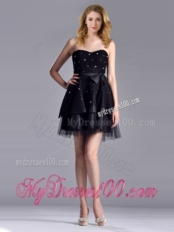 New Style Tulle Black Short Evening Dress with Beading and Belt