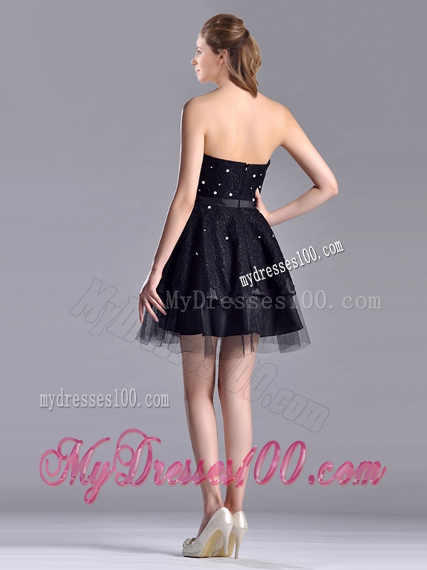 New Style Tulle Black Short Evening Dress with Beading and Belt