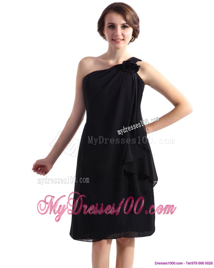 One Shoulder Black Evening Dresses with Hand Made Flower