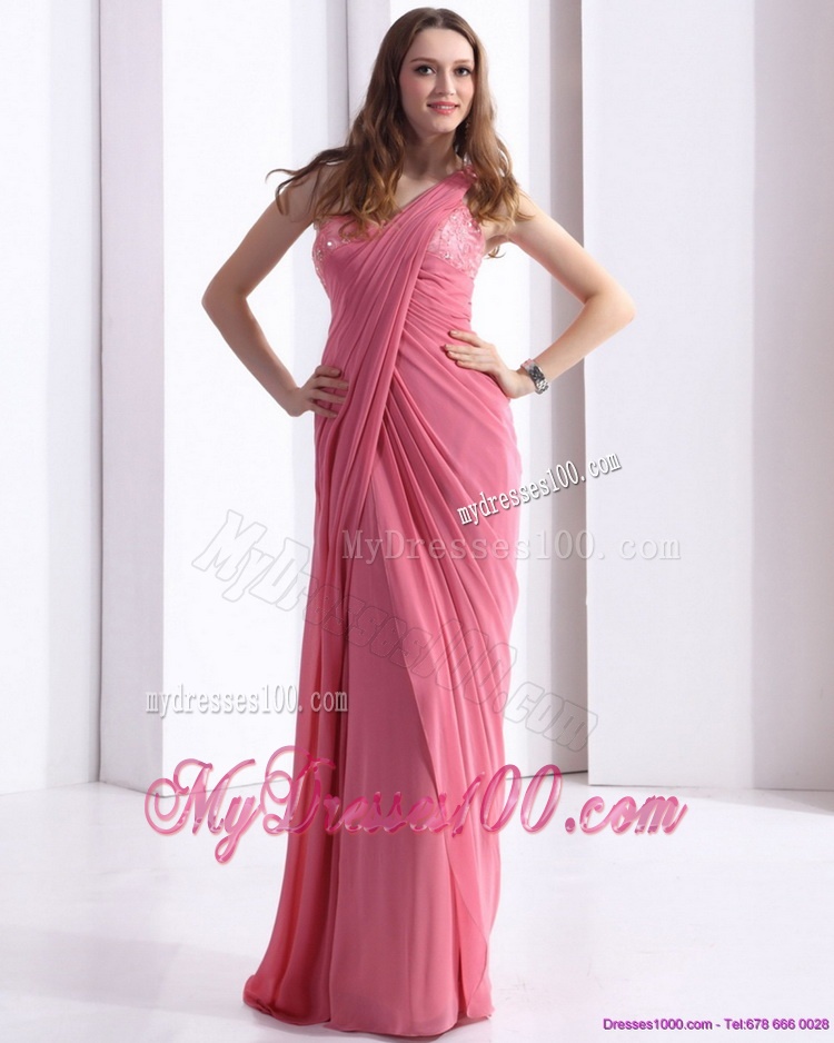 One Shoulder Rose Pink Evening Dresses with Appliques and Ruching