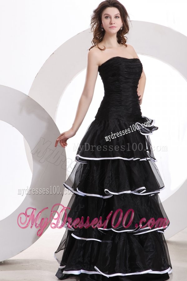 Princess Strapless Ruffled Layers Black Organza Floor-length Evening Dress