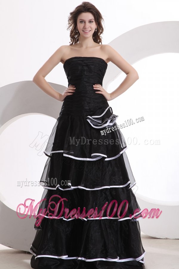 Princess Strapless Ruffled Layers Black Organza Floor-length Evening Dress