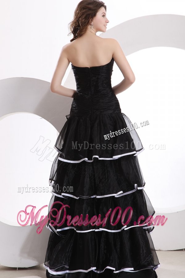 Princess Strapless Ruffled Layers Black Organza Floor-length Evening Dress