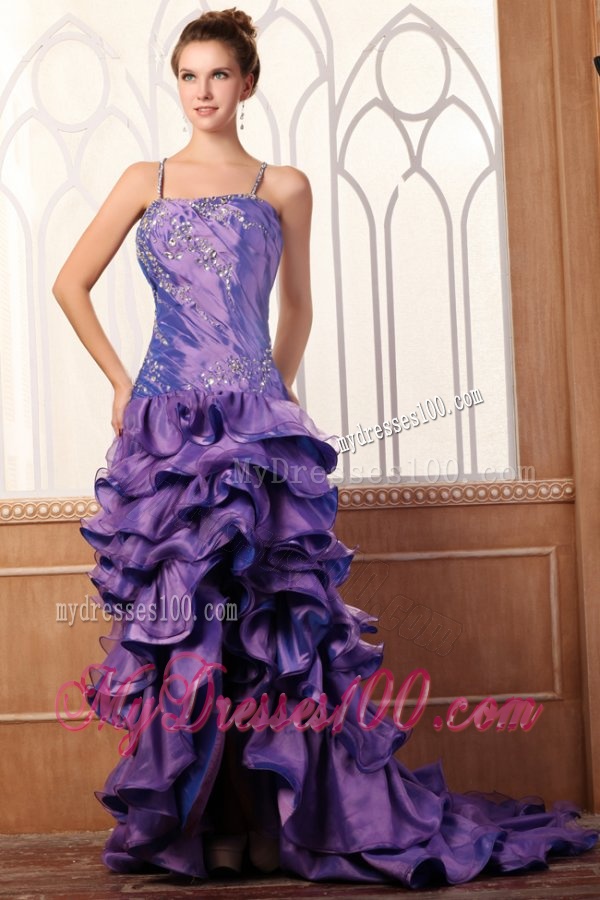 Purple Column Spaghetti Straps Evening Dress with Beading and Layers