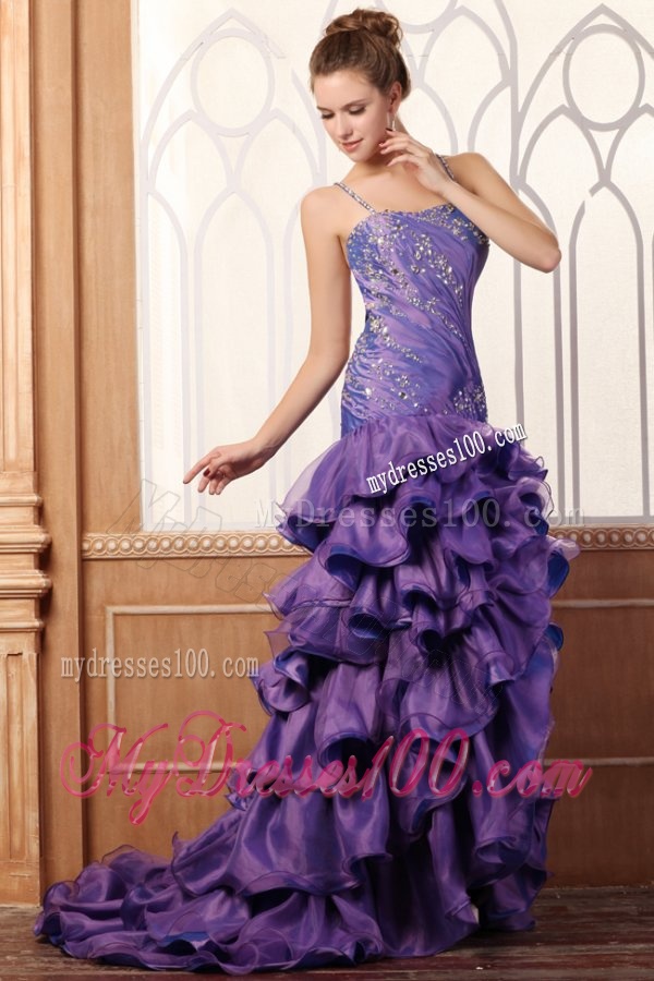 Purple Column Spaghetti Straps Evening Dress with Beading and Layers