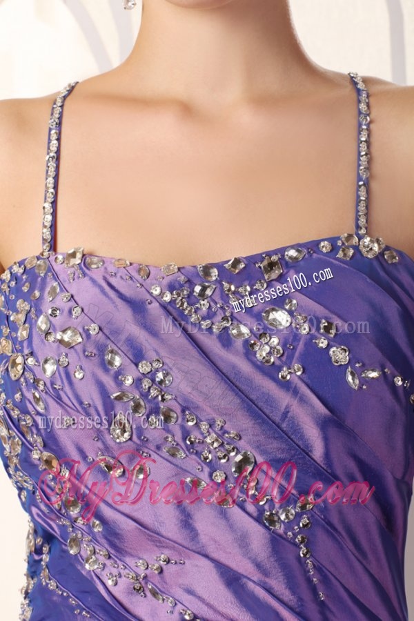 Purple Column Spaghetti Straps Evening Dress with Beading and Layers